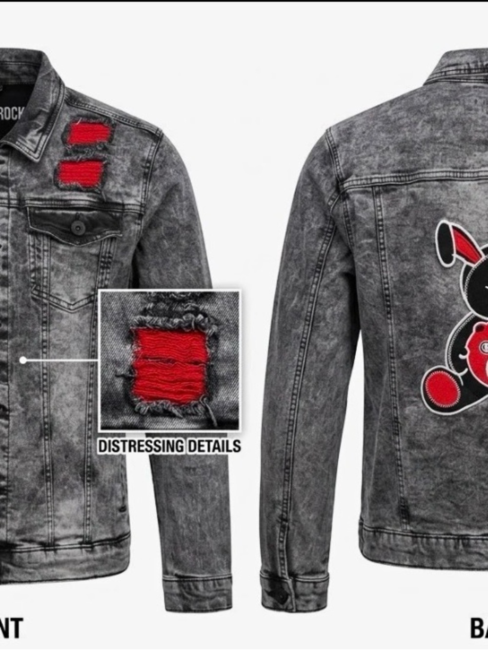 Black Acid-Wash Denim Jacket with Red Distressed Patches